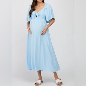 Light Blue Textured Dot Front Tie Ruffle Sleeve Maternity Midi Dress Large